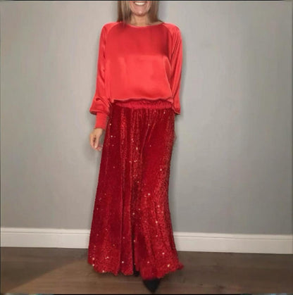 🎅Xmas Sales - 52% OFF🎄Women's Long Sleeve Top & Sequin Maxi Skirt Two-Piece Set