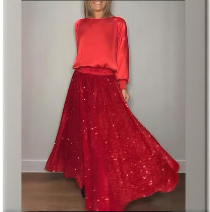 🎅Xmas Sales - 52% OFF🎄Women's Long Sleeve Top & Sequin Maxi Skirt Two-Piece Set