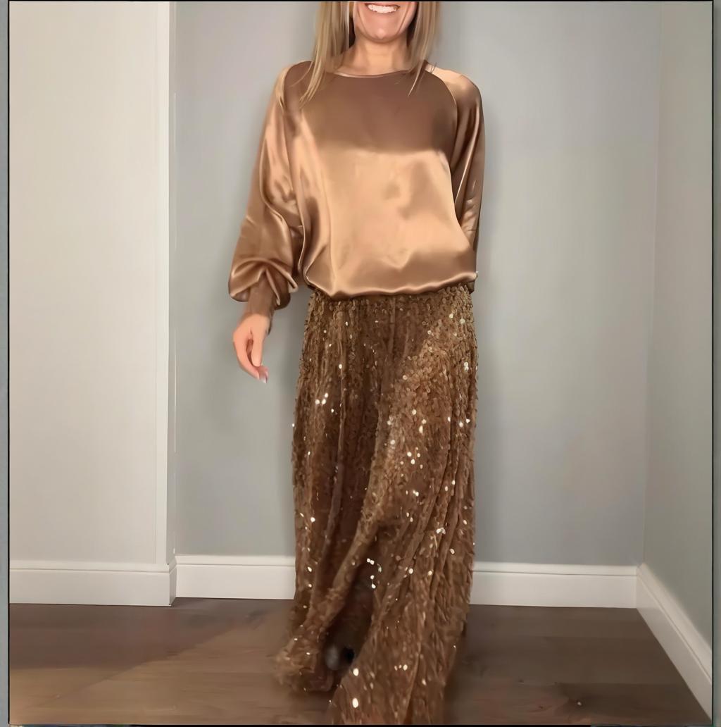 🎅Xmas Sales - 52% OFF🎄Women's Long Sleeve Top & Sequin Maxi Skirt Two-Piece Set