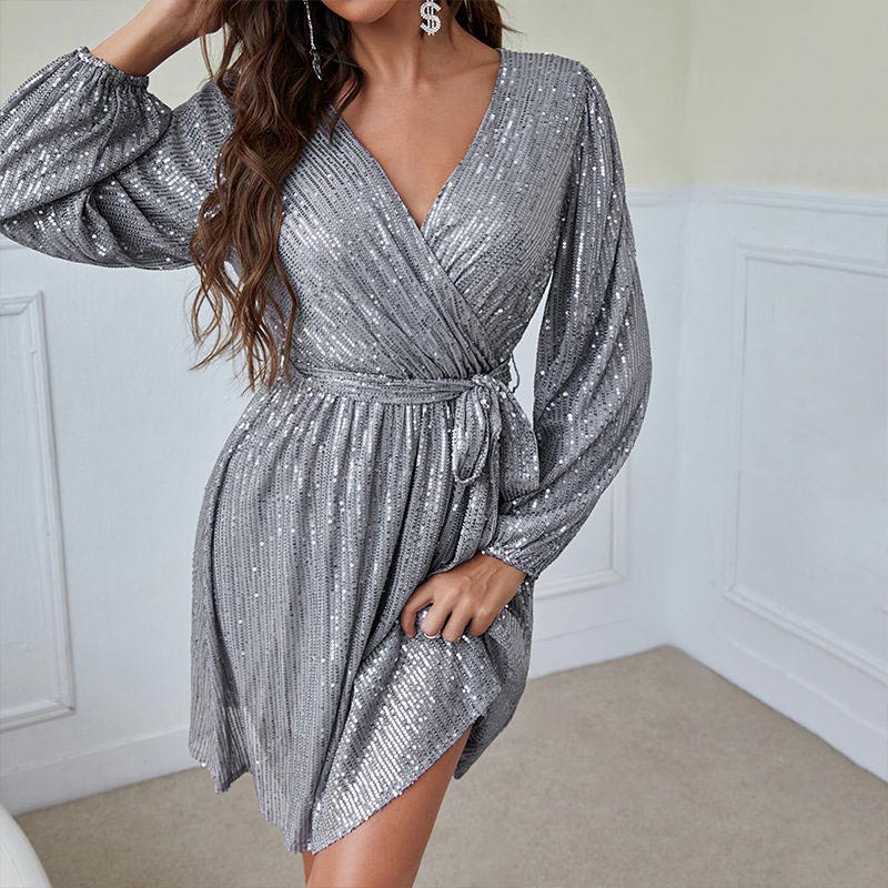 💃Party Star🌹Elegant Sequin V-neck Belted Mini Dress for Women