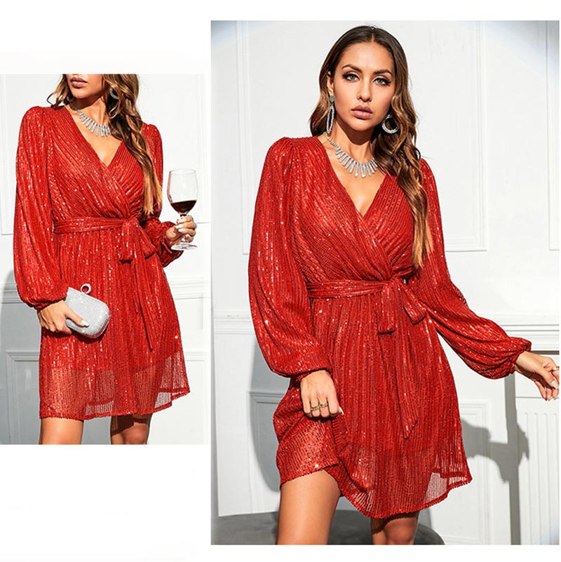 💃Party Star🌹Elegant Sequin V-neck Belted Mini Dress for Women