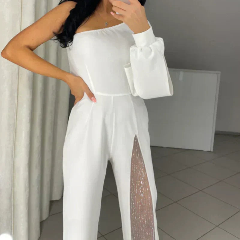 💕Women's One Shoulder Sparkly Mesh Flared Jumpsuits