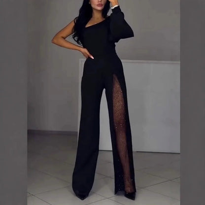 💕Women's One Shoulder Sparkly Mesh Flared Jumpsuits