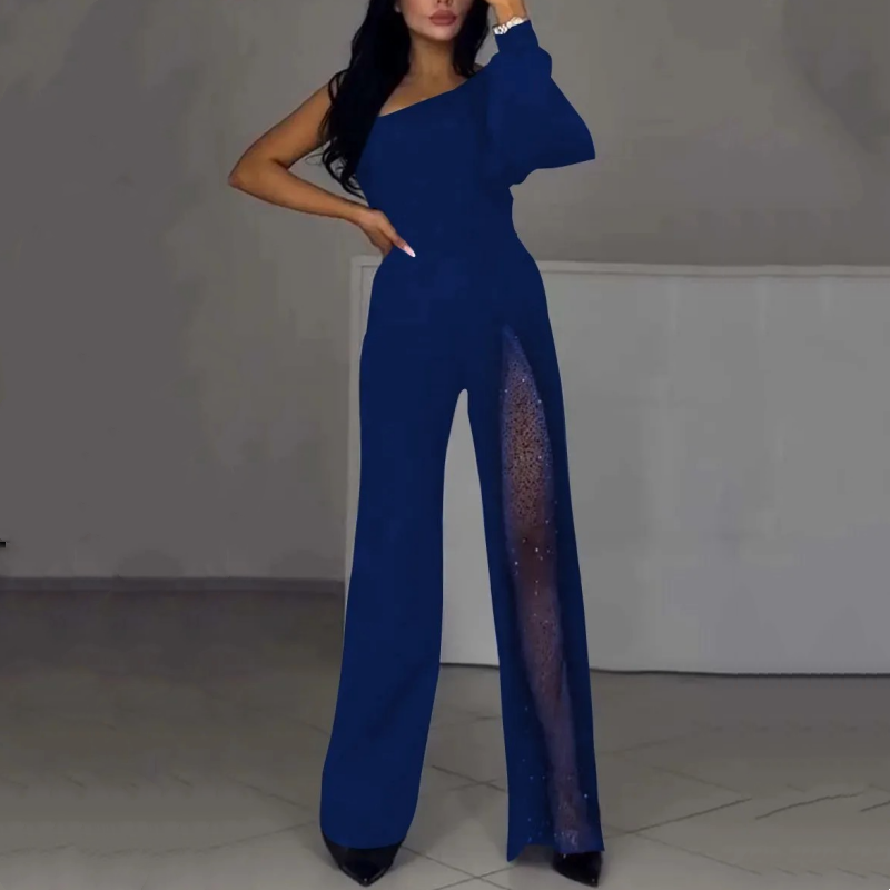 💕Women's One Shoulder Sparkly Mesh Flared Jumpsuits