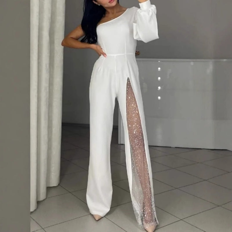 💕Women's One Shoulder Sparkly Mesh Flared Jumpsuits