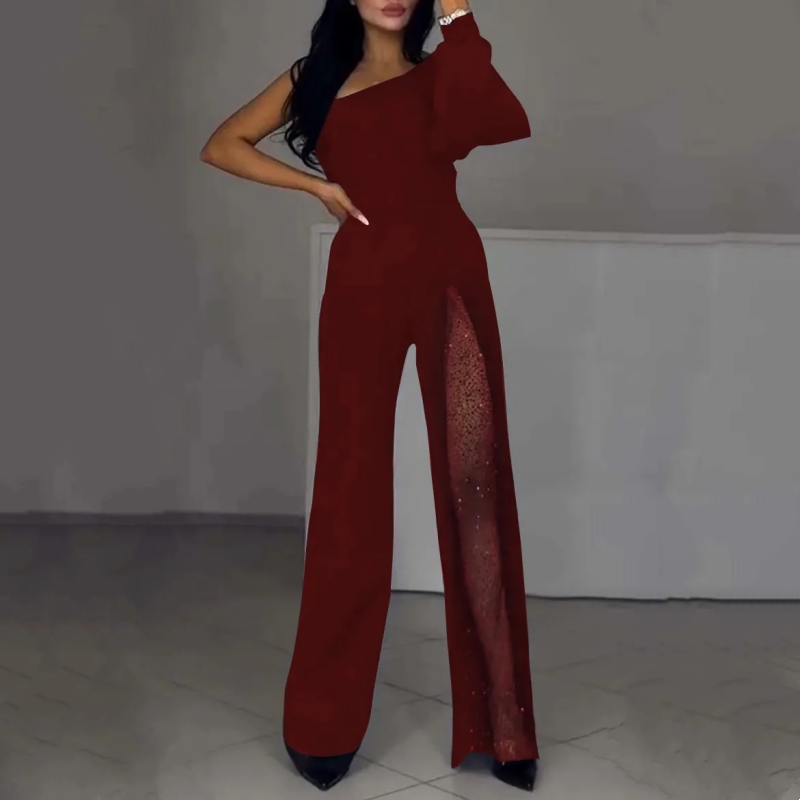 💕Women's One Shoulder Sparkly Mesh Flared Jumpsuits