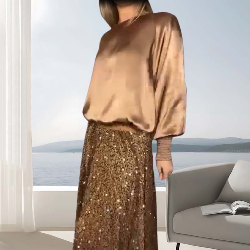 🎅Xmas Sales - 52% OFF🎄Women's Long Sleeve Top & Sequin Maxi Skirt Two-Piece Set