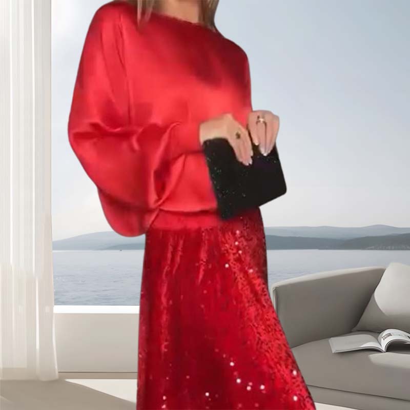 🎅Xmas Sales - 52% OFF🎄Women's Long Sleeve Top & Sequin Maxi Skirt Two-Piece Set